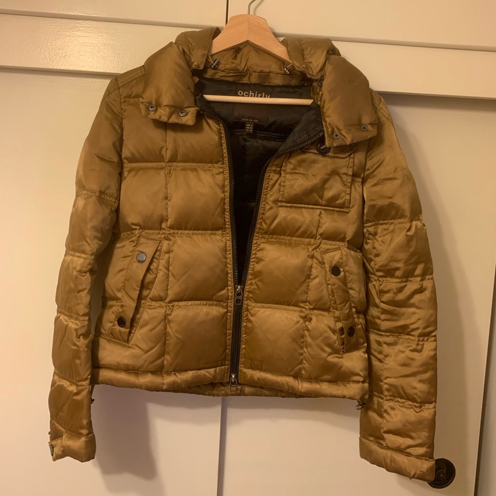🔥 Ochirly zipper quilted down hooded short jacket coat with removable hood gold
